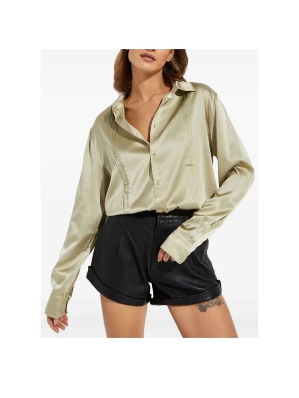 New SER.O.YA Women's Silk Blend Button-Up Blouse in Light Green Mint Sage M NWT